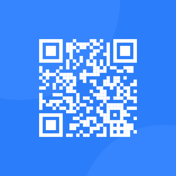 A white QR code with a blue background around it